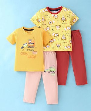 OHMS Single Jersey Knit Half Sleeves T-Shirt and Lounge Pant Lion & Train Print Pack of 2 - Yellow Red & Pink