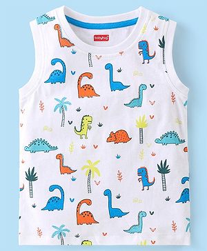 Babyhug 100% Cotton Knit Sleeveless T-Shirt Dino Print - White