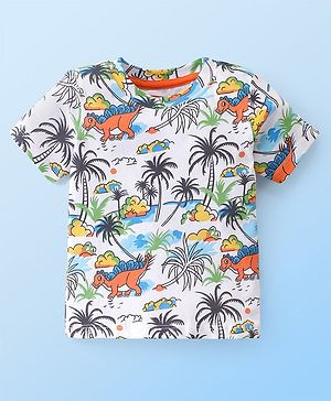 Babyhug Cotton Knit Half Sleeves  T-Shirt Dino Print- White
