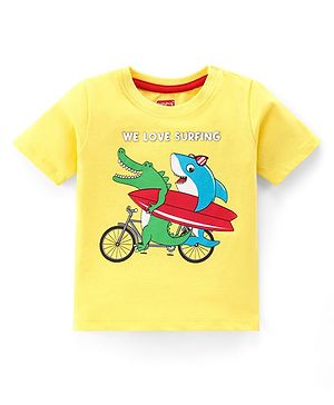 Babyhug Cotton Half Sleeves T-Shirt With Puff Text Print and Croc Graphics - Yellow