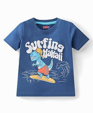 Babyhug Cotton Knit Half Sleeves T-Shirt with Dino & Text Print - Blue