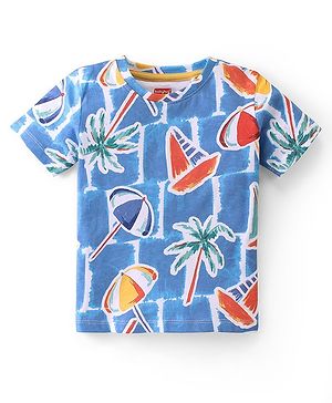 Babyhug Cotton Knit Half Sleeves T-Shirt With Boat Print - Multicolour