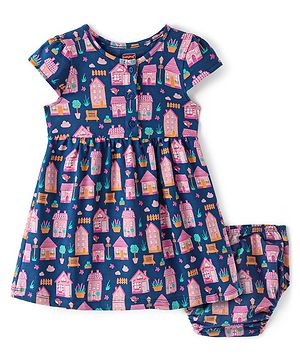 Babyhug Single Jersey Knit Cap Sleeves Frock with Bloomer All Over Printed - Wine