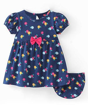 Babyhug Single Jersey Half Sleeves Frock with Bloomer & Bow Floral Print - Navy