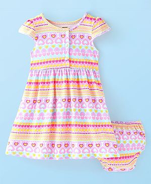 Babyhug Single Jersey Knit Cap Sleeves Frock with Bloomer Heart Print - Multicolor