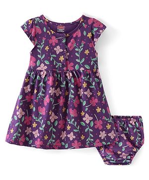 Babyhug Single Jersey Knit Cap Sleeves Floral Printed Frock with Bloomer - Navy Blue