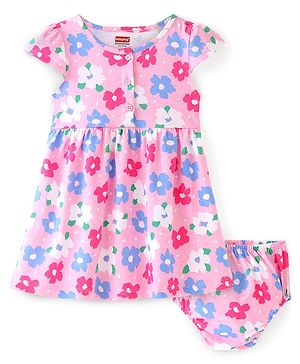 Babyhug Single Jersey Knit Half Sleeves Frock With Bloomer Floral Print - Pink