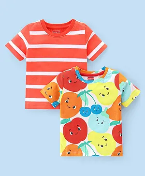 Babyhug 100% Cotton Knit Half Sleeves T-Shirt Stripes & Apple Print Pack Of 2 - White & Red