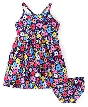 Babyhug Single Jersey Knit Sleeveless Frock with Bloomer Floral Print - Navy Blue