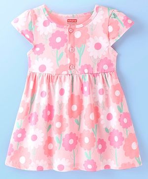 Babyhug Single Jersey Knit Cap Sleeves Floral Printed Frock with Bloomer - Pink