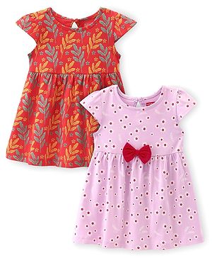 Babyhug Single Jersey Cap Sleeves Floral Printed Frocks Pack of 2 - Red & Purple