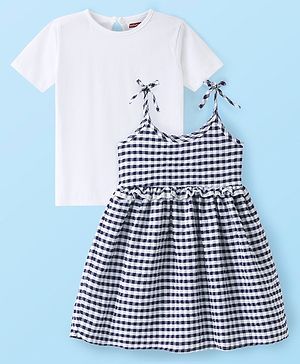 Babyhug Cotton Woven Checks Frock with Half Sleeves Inner Tee- Navy Blue