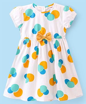 Babyhug 100% Cotton Woven Half Sleeves Frock with Bow Applique Circle Print - White