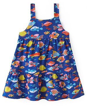 Babyhug Single Jersey Knit Sleeveless Frock with Fish Print - Navy Blue