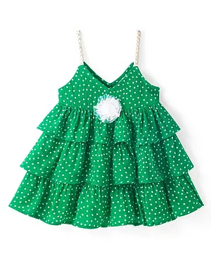 Babyhug Rayon Woven Sleeveless Frock Floral Corsage & Polka Dot Print - Green