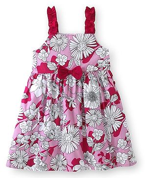 Babyhug Rayon Woven Sleeveless Frock Bow Applique & Floral Print - Pink