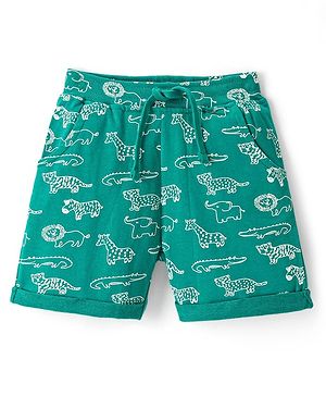 Babyhug Cotton Looper Knit Mid Thigh Length Shorts Lion Print - Green