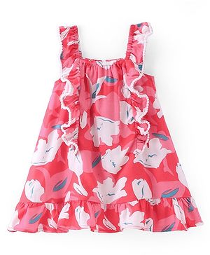 Babyhug Rayon  Sleeveless Frock with Frill Detailing & Floral Print - Red