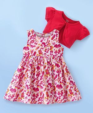 Babyhug Cotton Rayon Woven Printed Frock with Half Sleeves Shrug - Pink