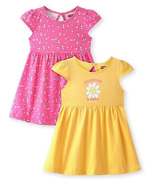 Babyhug Single Jersey Cap Sleeves Frock Floral Print Pack of 2 - Yellow & Pink