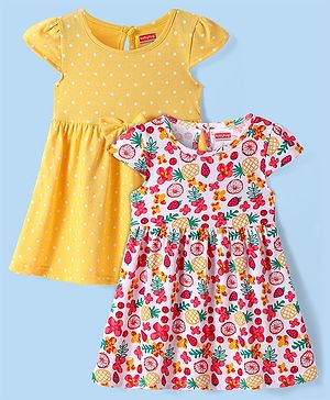 Babyhug Single Jersey Knit Cap Half Sleeves Frocks Floral Print Pack of 2 -Multicolor