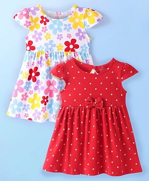 Babyhug Single Jersey Knit Cap Sleeves Frock With Floral & Polka Dot Print Pack of 2 - Red & White