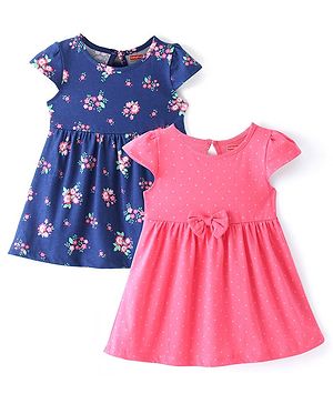Babyhug Single Jersey Knit Half Sleeves Frocks with Floral & Polka Dots Print & Bow Applique Pack of 2 - Multicolour