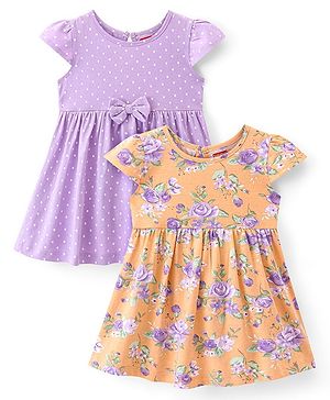 Babyhug Cotton  Knit Half Sleeves Frock with Polka Dot Print Pack of 2 - Multicolor
