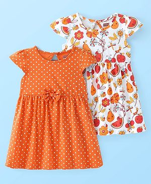Babyhug Single Jersey Knit Cap Sleeves Frock With Polka Dot Print Pack of 2- Multicolor