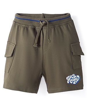 Babyhug Cotton Looper Mid Thigh Length Shorts With Text Print - Olive