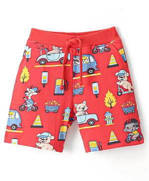Babyhug Cotton Looper Mid Thigh Shorts with Vehicles Print - Red