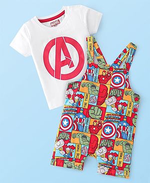 Babyhug Marvel Single Jersey Knit Dungaree with Half Sleeves T-Shirt Avenger Theme Print - Red