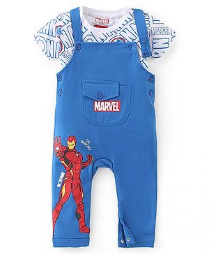 Babyhug Marvel Single Jersey Knit Dungaree with Half Sleeves T-Shirt Text & Avenger Print - Blue