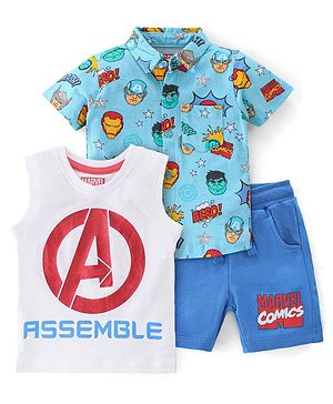 Babyhug Marvel Single Jersey Knit Marvel  Shirt & Short With Sleeveless Inner Tee & Avengers Print - Blue & White