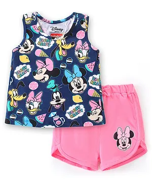 Babyhug Disney Cotton Knit Single Jersey Sleeveless T-Shirt & Shorts with Minnie Mouse Family Print - Navy Blue & Pink