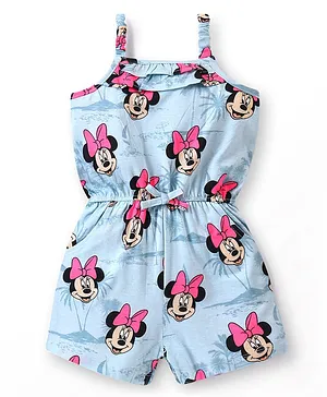 Babyhug Disney Cotton Knit Sleeveless Singlet Jumpsuit with Minnie Mouse Print - Blue