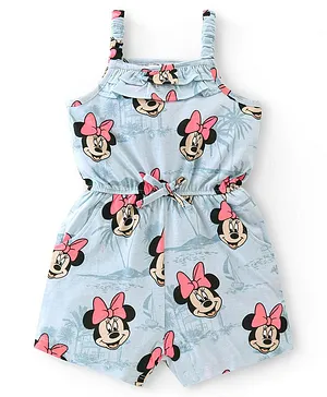Babyhug Disney Cotton Knit Sleeveless Singlet Jumpsuit with Minnie Mouse Print - Blue