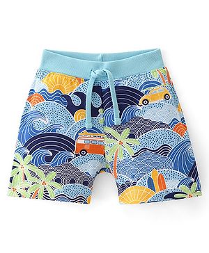 Babyhug Cotton Looper Knit Mid Thigh Length Shorts Scenery Print - Blue