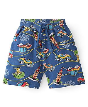 Babyhug Cotton Looper Knit Mid Thigh Length Shorts Car Print - Navy Blue