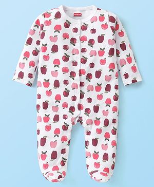 Babyhug Interlock Knit Full Sleeves Sleepsuit Apple Print - White