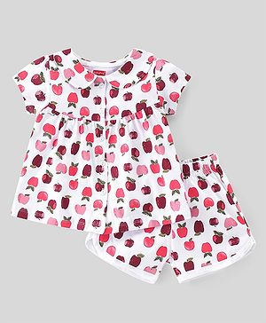 Babyhug Single Jersey Knit Half Sleeves Night Suit Apple Print - White