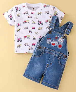 ToffyHouse Half Sleeves T-Shirt With Denim Dungaree Vehicle Embroidery & Print - Medium Blue