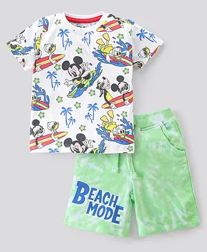 Babyhug Cotton Knit Disney Half Sleeves T-Shirt & Shorts with Mickey Mouse Print - White Blue & Green