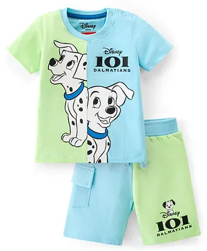Babyhug Disney Cotton Single Jersey Knit Half Sleeves T-Shirt And Shorts Set 101 Dalamatian Print - Sky Blue & Green