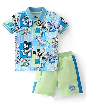 Babyhug Disney Single Jersey Knit Half Sleeves Collar Polo Shirt And Shorts Set With Mickey Mouse Print - Blue & Green