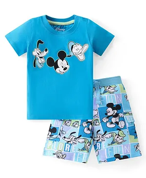 Babyhug Disney Single Jersey Knit Half Sleeves T-Shirt And Shorts Set With Mickey Mouse Front And Back Graphics - Blue