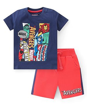 Babyhug Marvel Single Jersey Knit Half Sleeves T-Shirt And Shorts Set With Avengers Graphics - Navy Blue & Red