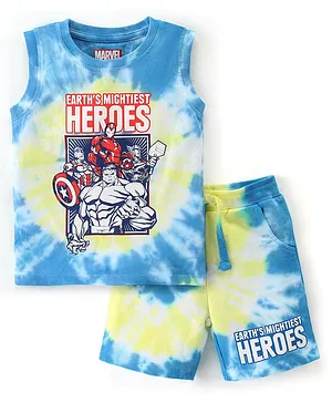 Babyhug Marvel Single Jersey Knit Sleeveless Tie & Dyed T-Shirt And Shorts Set With Avengers Graphics - Sky Blue