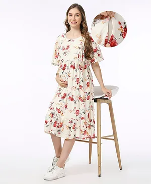 Bella Mama Flutter Sleeves Floral Print Maternity Dress with Pocket - White