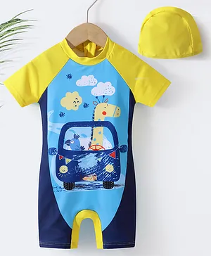 Kookie Kids Hal Sleeves Legged Swimsuit Car Print -  Yellow